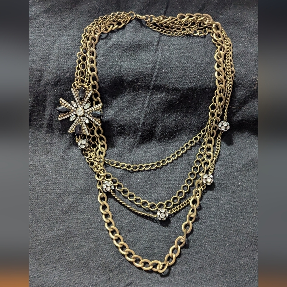 VCLM Brass Tone Clear and Black Rhinestone Layered Chain Statement Necklace